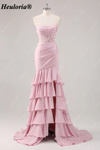 Blush Pink Strapless Lace Corset Tiered Mermaid Prom Dress with Slit ED-251