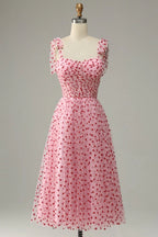HEULORIA Romantic Pink Heart Print Tulle Midi Dress with Tie-Shoulder Bows ED-581