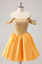 HEULORIA Sparkly Rhinestone Corset Homecoming Dress Off-the-Shoulder Satin Mini Party Gown ED-596