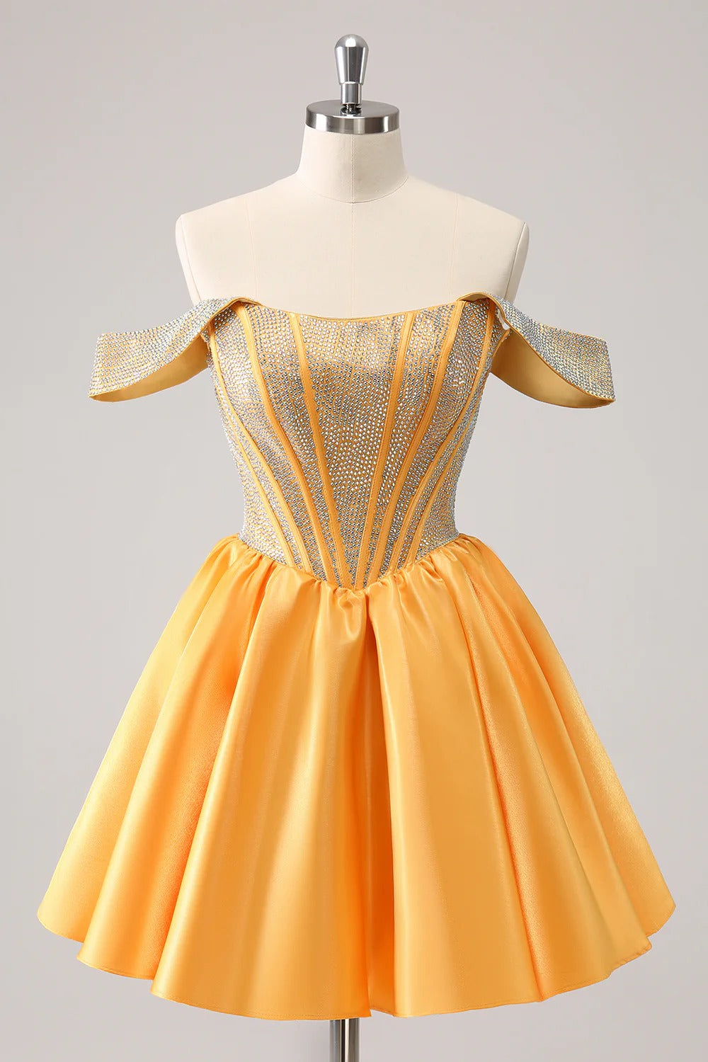 HEULORIA Sparkly Rhinestone Corset Homecoming Dress Off-the-Shoulder Satin Mini Party Gown ED-596