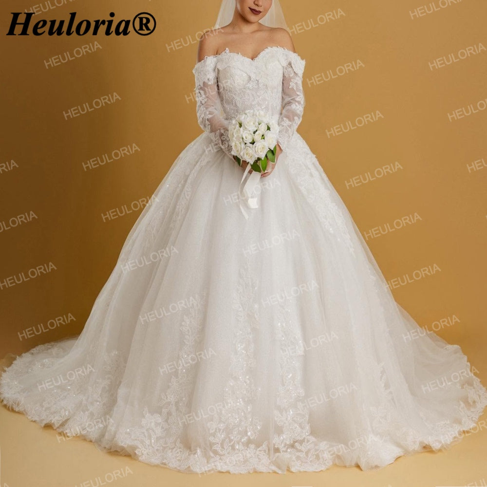 Off-Shoulder Long Sleeve Lace Ball Gown Wedding Dress BA-242