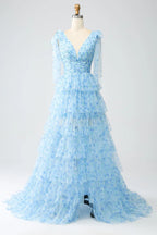 HEULORIA Ethereal Light Blue Floral Print Tiered Tulle Evening Gown with Tie-Up Shoulders ED-580