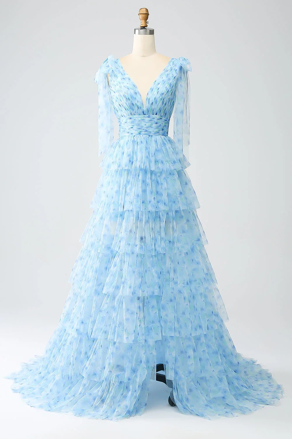 HEULORIA Ethereal Light Blue Floral Print Tiered Tulle Evening Gown with Tie-Up Shoulders ED-580