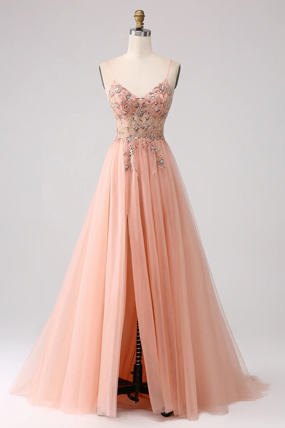 HEULORIA Sparkling Floral Beaded Tulle Prom Dress with High Slit - Elegant A-Line Evening Gown ED-572
