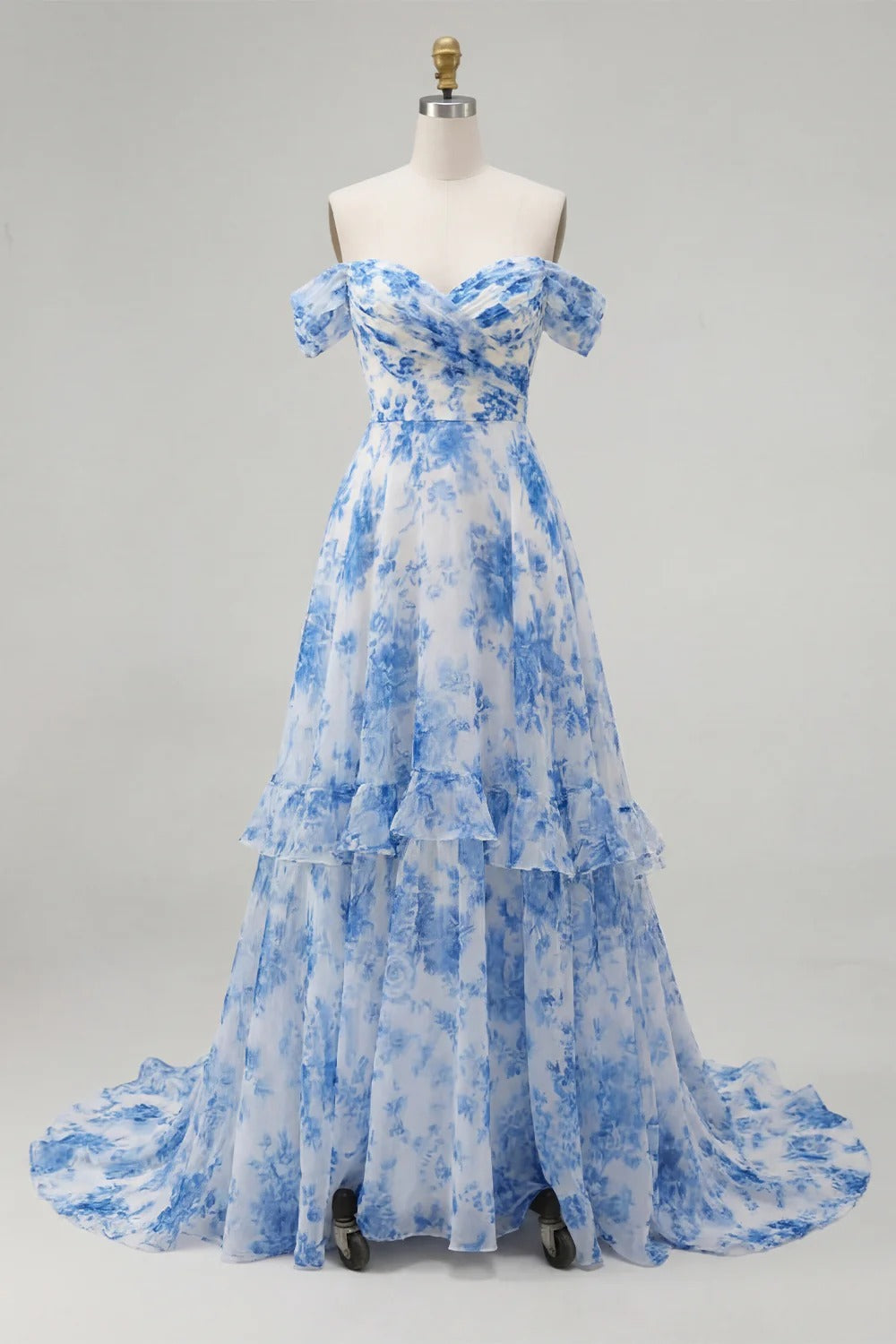 HEULORIA Blue Floral Chiffon Off-the-Shoulder A-Line Prom Dress with Tiered Skirt ED-567