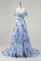 HEULORIA Blue Floral Chiffon Off-the-Shoulder A-Line Prom Dress with Tiered Skirt ED-567