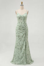 heuloria-Dusty Sage Floral V-Neck Ruched Bridesmaid Dress with Slit-ed-604