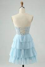 HEULORIA Sweetheart Strapless Tiered Chiffon Short Homecoming Dress with Lace Sequin Bodice ED-285