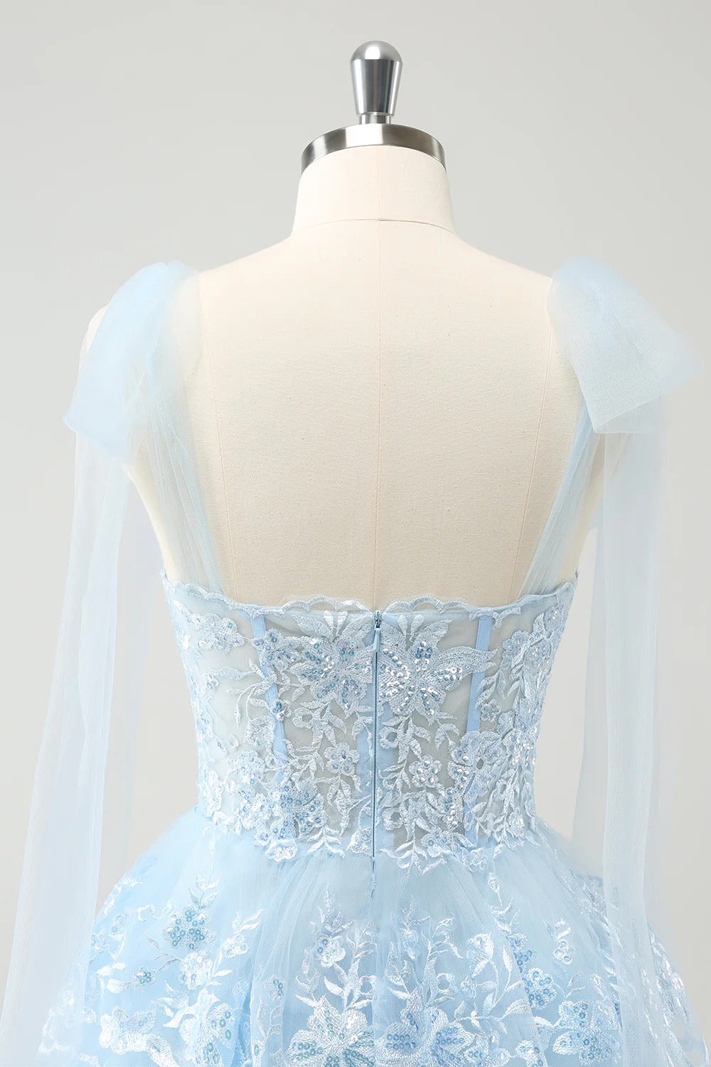 HEULORIA Sky Blue Floral Lace Tiered Mini Party Dress with Tulle Shoulder Streamers ED-593