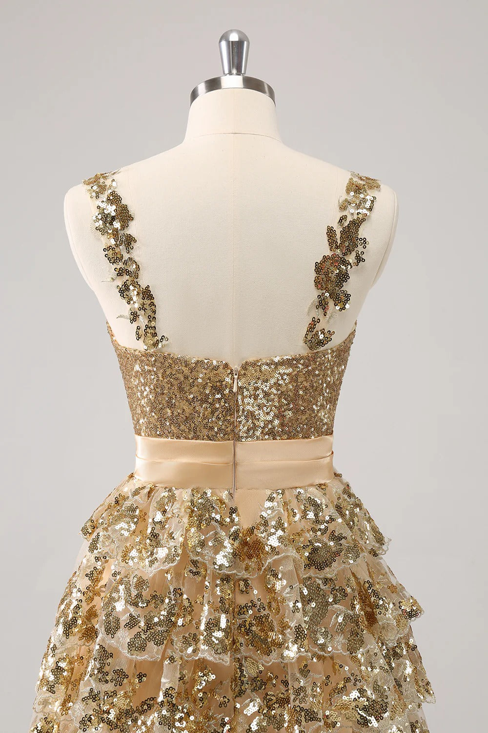 HEULORIA Sparkling Gold Tiered Sequin Mini Dress with Sweetheart Neckline and Rosette Detail ED-594