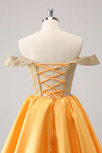 HEULORIA Sparkly Rhinestone Corset Homecoming Dress Off-the-Shoulder Satin Mini Party Gown ED-596