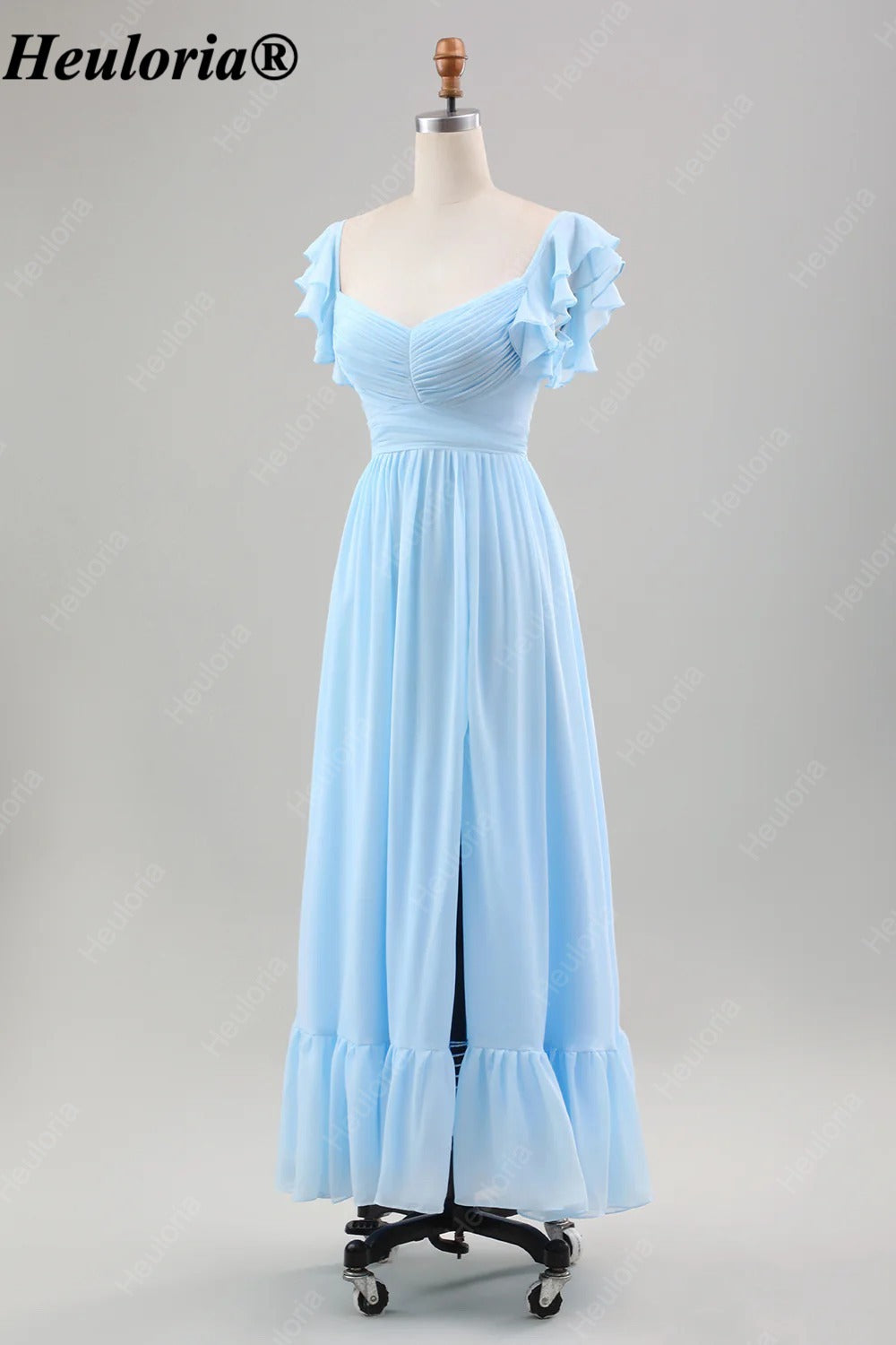 HEULORIA Sky Blue Flutter Sleeve Bridesmaid Dress with Ruffle Hem ED-542