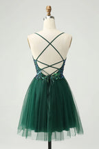 HEULORIA Short Emerald Green V-Neck Sequined Homecoming Dress with Illusion Plunge & Lace-Up Back ED-282