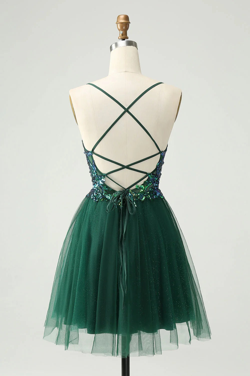 HEULORIA Short Emerald Green V-Neck Sequined Homecoming Dress with Illusion Plunge & Lace-Up Back ED-282