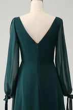 HEULORIA Dark Green Illusion Bateau Neck Evening Dress with Sheer Tie-Cuff Bishop Sleeves ED-255