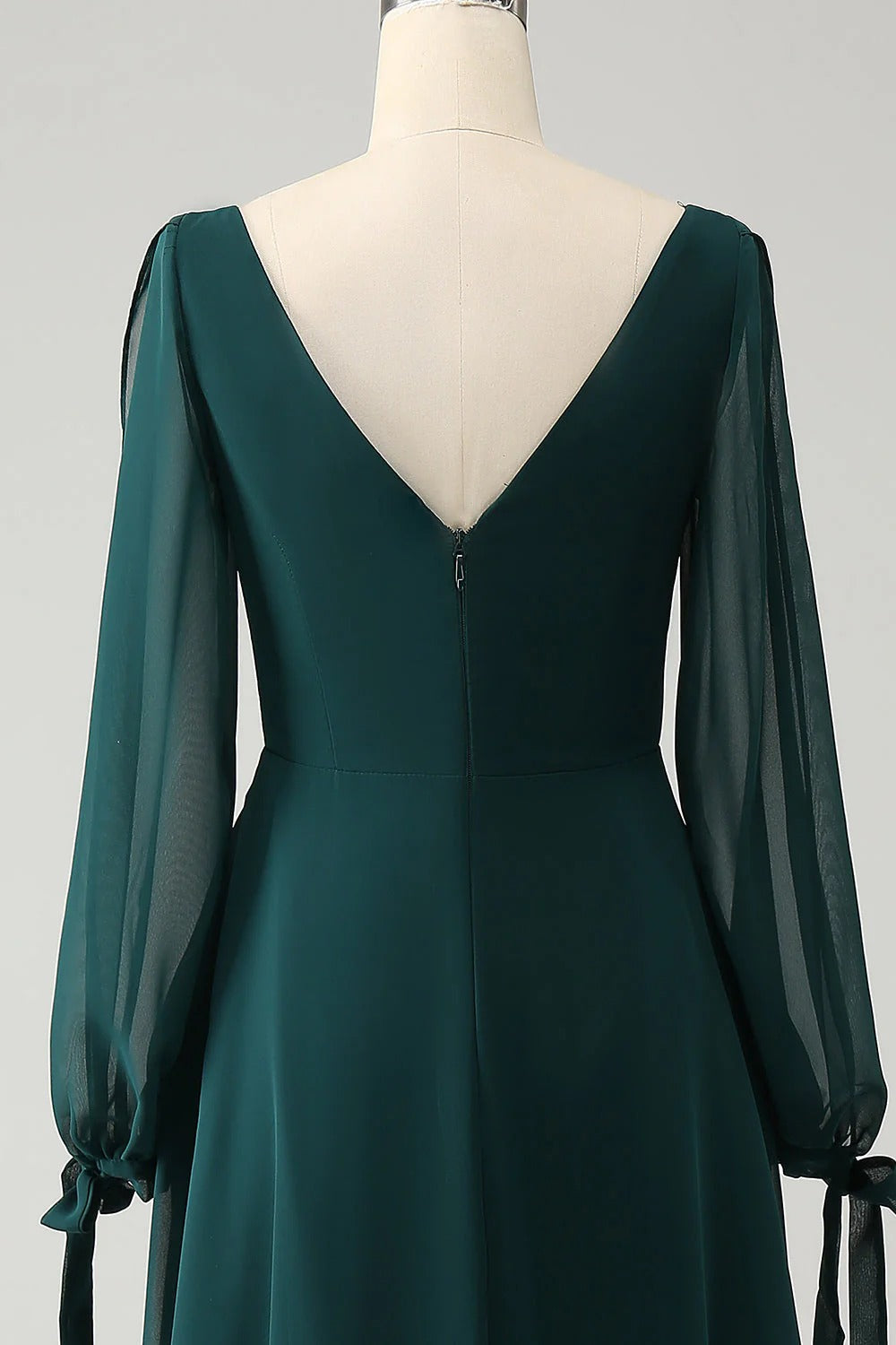 HEULORIA Dark Green Illusion Bateau Neck Evening Dress with Sheer Tie-Cuff Bishop Sleeves ED-255