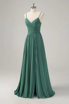 HEULORIA Eucalyptus Green Pleated Chiffon V-Neck Spaghetti Strap Floor-Length Evening Dress ED-261