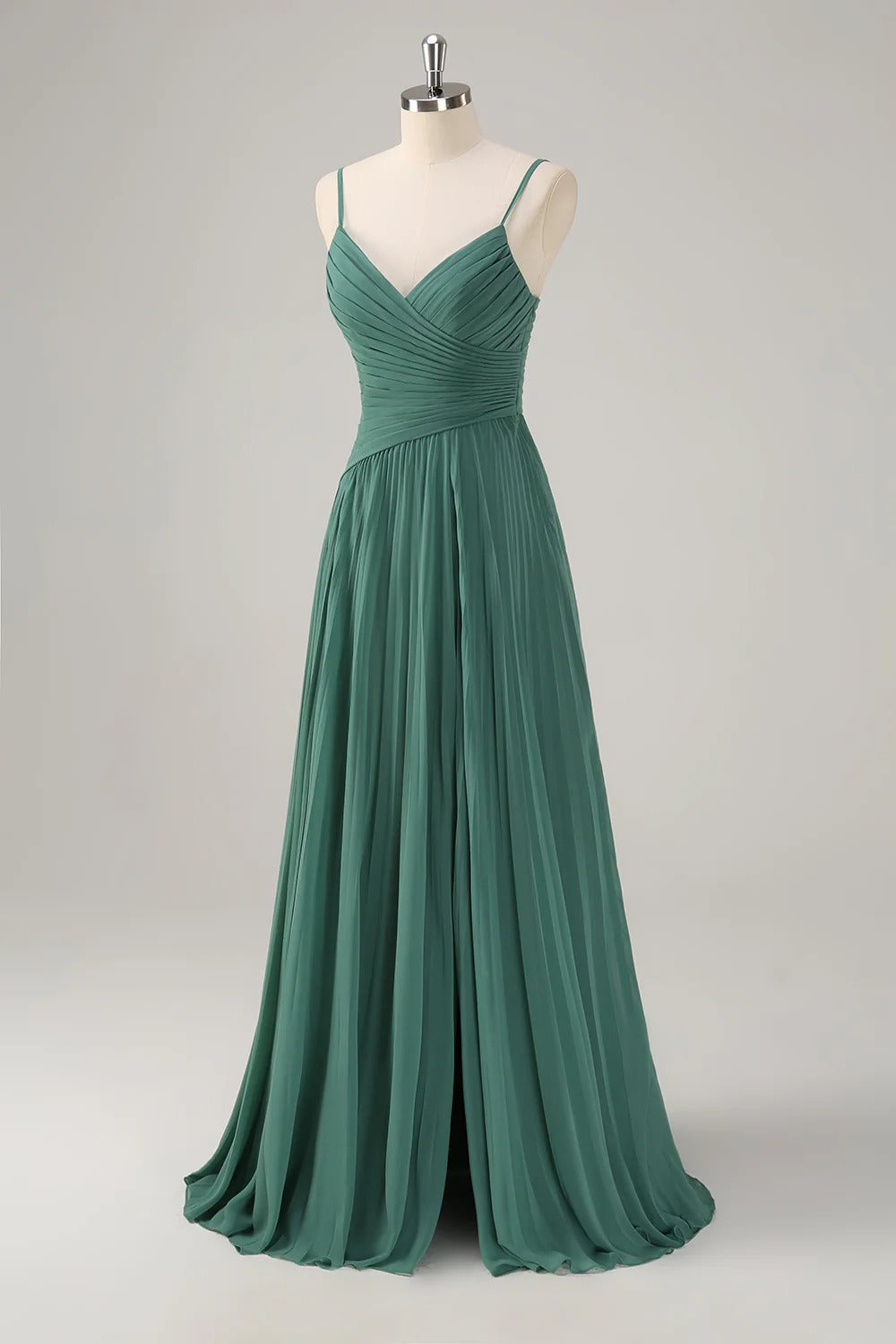 HEULORIA Eucalyptus Green Pleated Chiffon V-Neck Spaghetti Strap Floor-Length Evening Dress ED-261