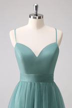 HEULORIA Eucalyptus Green Sweetheart Tulle Bridesmaid Dress with Cutout Back and Spaghetti Straps ED-247