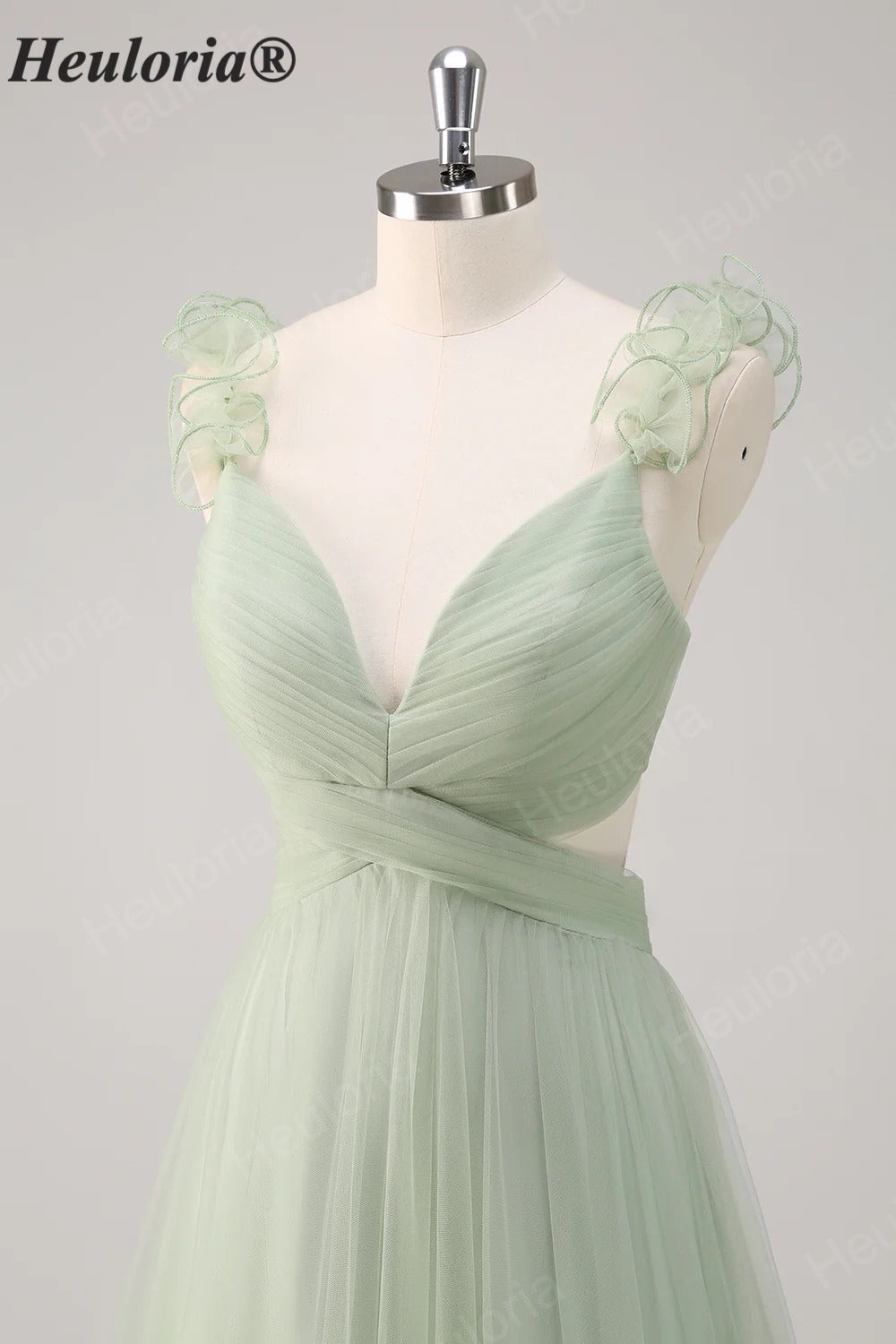 HEULORIA Romantic Dusty Sage Tiered Tulle V-Neck Prom Dress with Floral Ruffled Straps ED-561