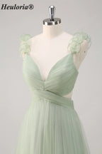 HEULORIA Romantic Dusty Sage Tiered Tulle V-Neck Prom Dress with Floral Ruffled Straps ED-561
