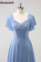 heuloria Dusty Blue Flutter Sleeve Bridesmaid Dress with Bow Back ed-528