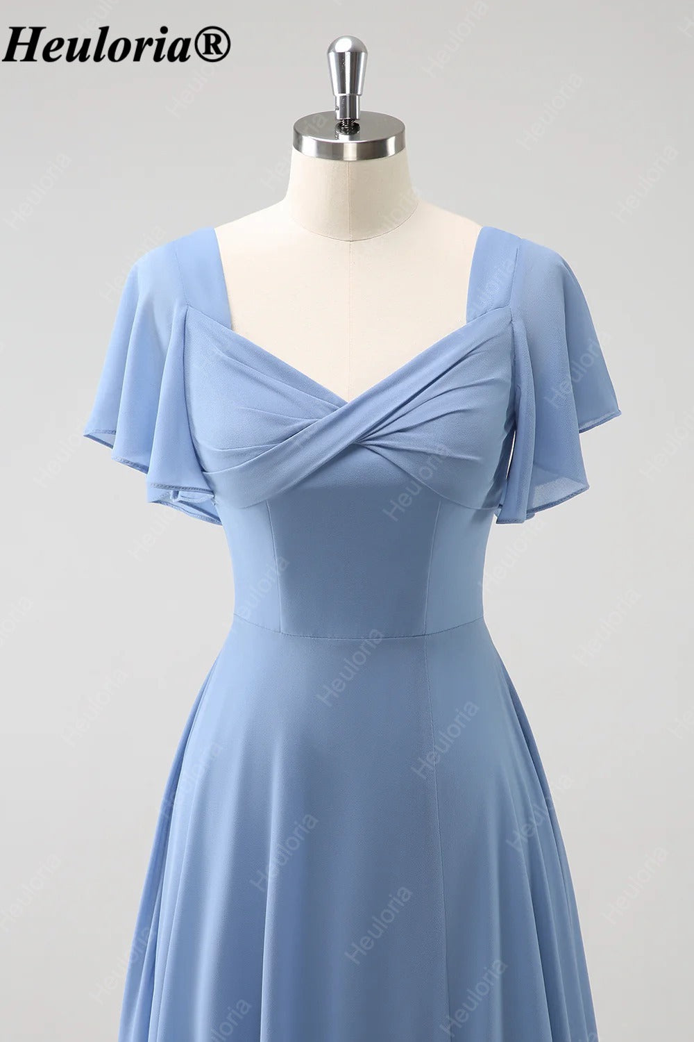 heuloria Dusty Blue Flutter Sleeve Bridesmaid Dress with Bow Back ed-528