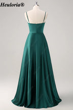 HEULORIA Dark Green Spaghetti Strap Ruched Satin A-Line Bridesmaid Dress ED-260