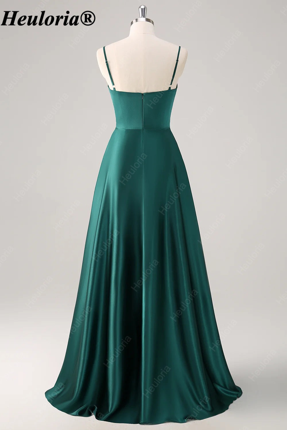 HEULORIA Dark Green Spaghetti Strap Ruched Satin A-Line Bridesmaid Dress ED-260