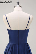 HEULORIA Navy Satin Midi Bridesmaid Dress with Pleated Bodice ED-529