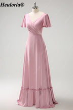 heuloria Pink V-Neck chiffon Bridesmaid Dress with Flutter Sleeves and Ruffle Hem ed-527
