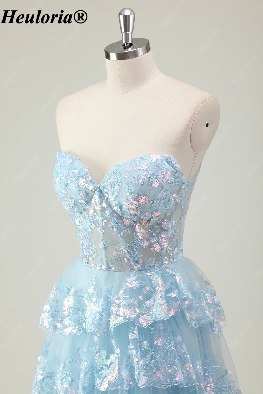 HEULORIA Strapless Sweetheart Floral Tiered Tulle Prom Dress ED-573