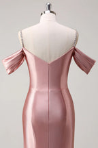 HEULORIA Elegant Ruched Satin Mermaid Evening Gown with Crystal Embellished Straps & Off-the-Shoulder Sleeves ED-349