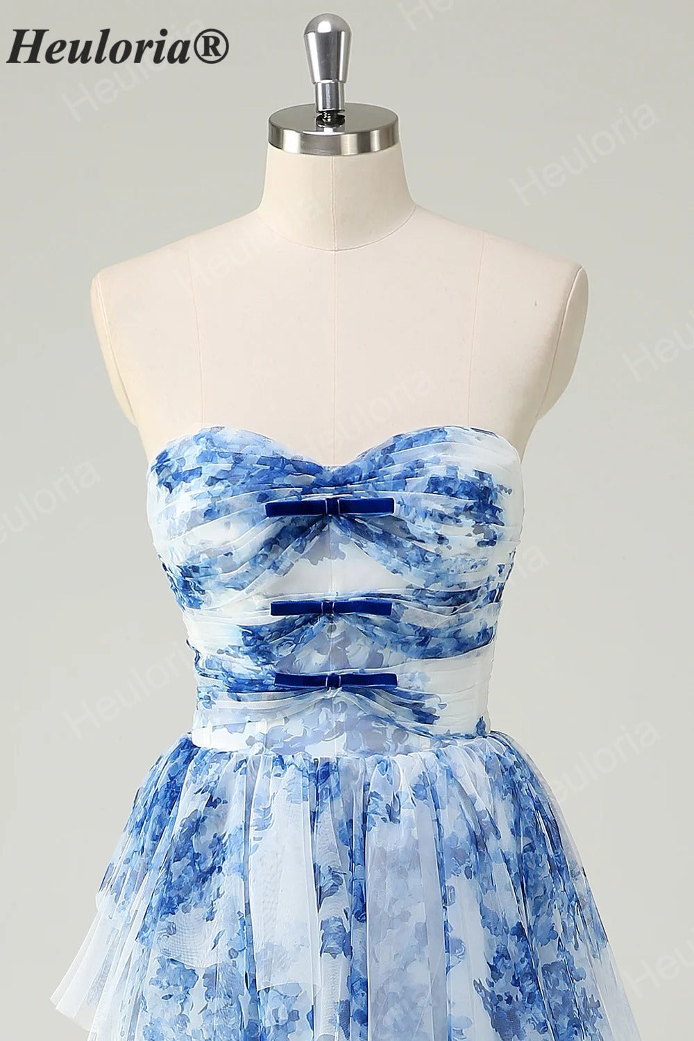 Heuloria Enchanted Garden Watercolor Floral Strapless Tiered Tulle Ball Gown with Velvet Bows ED-657