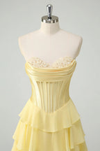 HEULORIA Strapless Corset Bodice Tiered Ruffle Evening Gown - Multi-Color prom dress ED-236