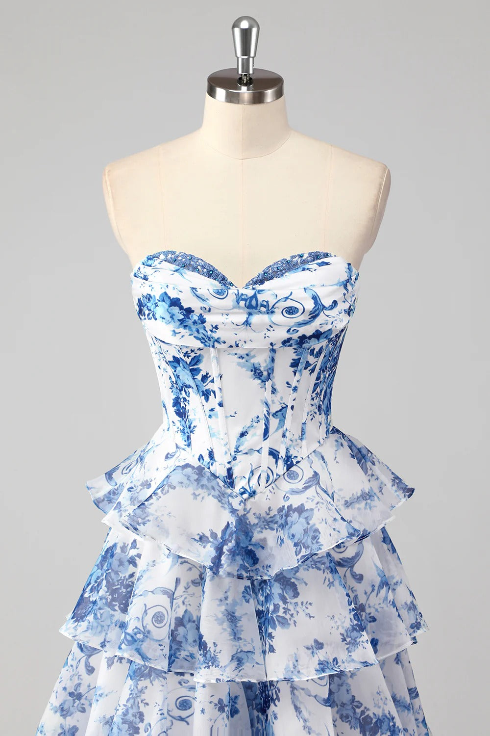 HEULORIA Vintage-Inspired Strapless Floral Gown: Sweetheart Corset Bodice Tiered Ruffle Evening Dress ED-233