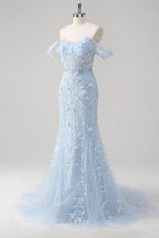 HEULORIA Enchanting Sky Blue 3D Floral Mermaid Prom Dress - Detachable Off-the-Shoulder Corset Evening Gown ED-350