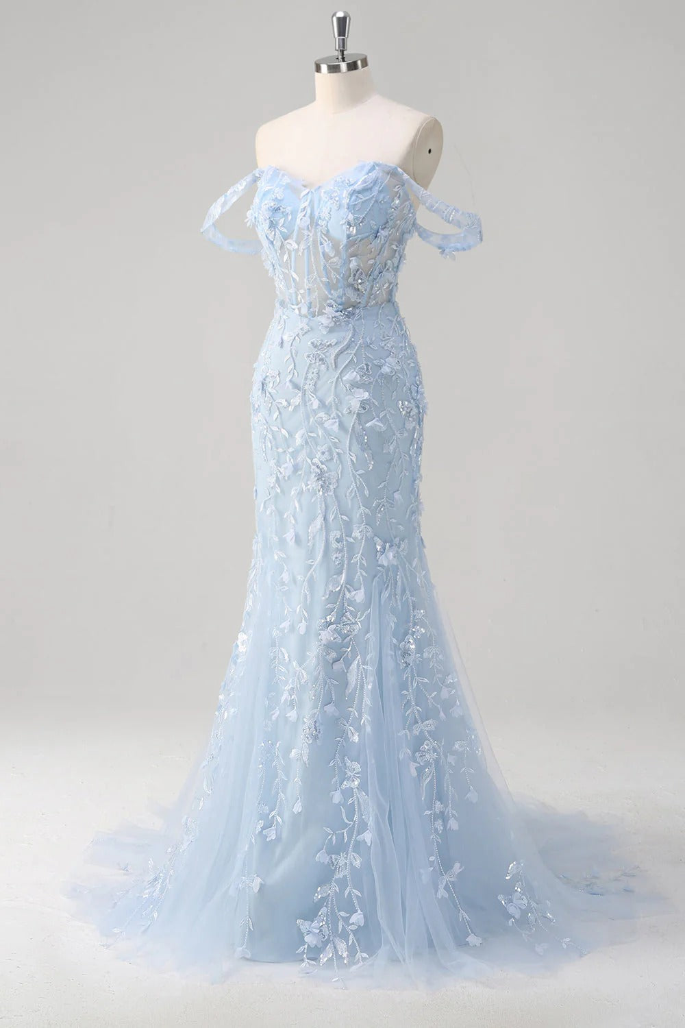 HEULORIA Enchanting Sky Blue 3D Floral Mermaid Prom Dress - Detachable Off-the-Shoulder Corset Evening Gown ED-350