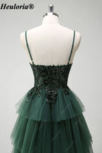 HEULORIA Dark Green Sequin Lace Tiered Tulle Prom Dress ED-576