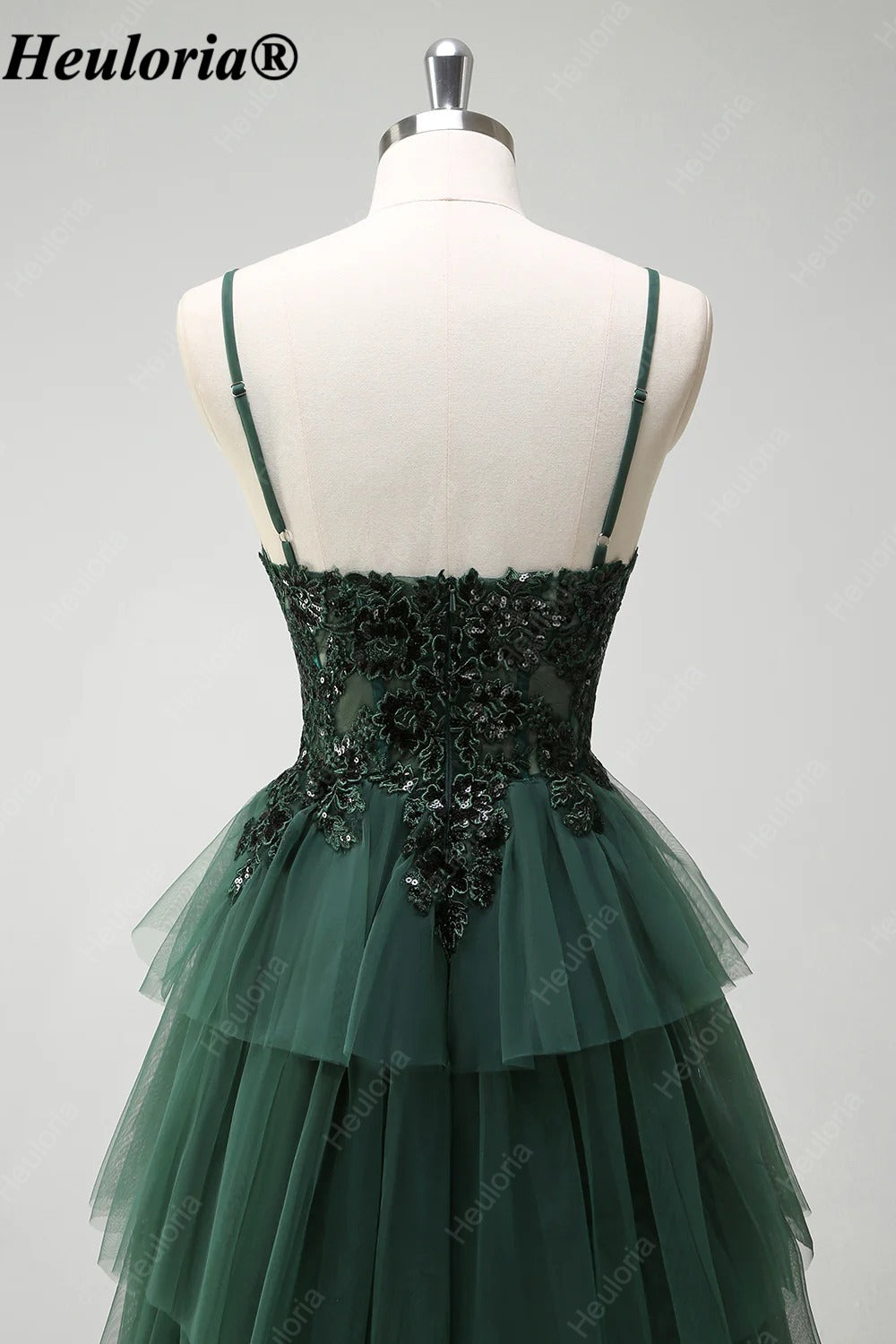 HEULORIA Dark Green Sequin Lace Tiered Tulle Prom Dress ED-576