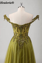 HEULORIA Olive Green Off-Shoulder Sequin Lace Tulle Prom Dress ED-574