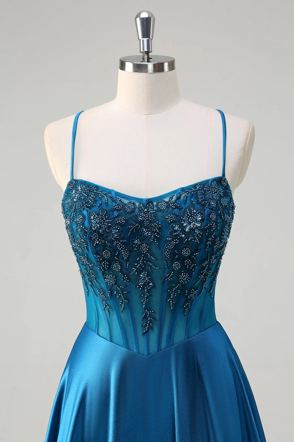 HEULORIA Luxurious Peacock Blue Beaded Evening Gown: Illusion Corset Bodice A-Line Satin Prom Dress with Lace-up Back ED-370
