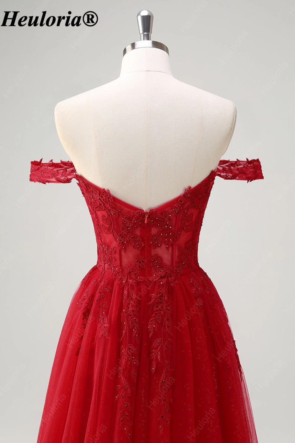 HEULORIA Red Off-the-Shoulder Lace Corset A-Line Tulle Prom Dress ED-351