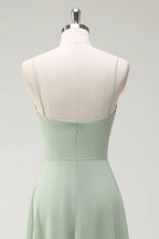 HEULORIA Dusty Sage Chiffon A-Line Bridesmaid Dress with Ruched Sweetheart Neckline and Spaghetti Straps ED-268