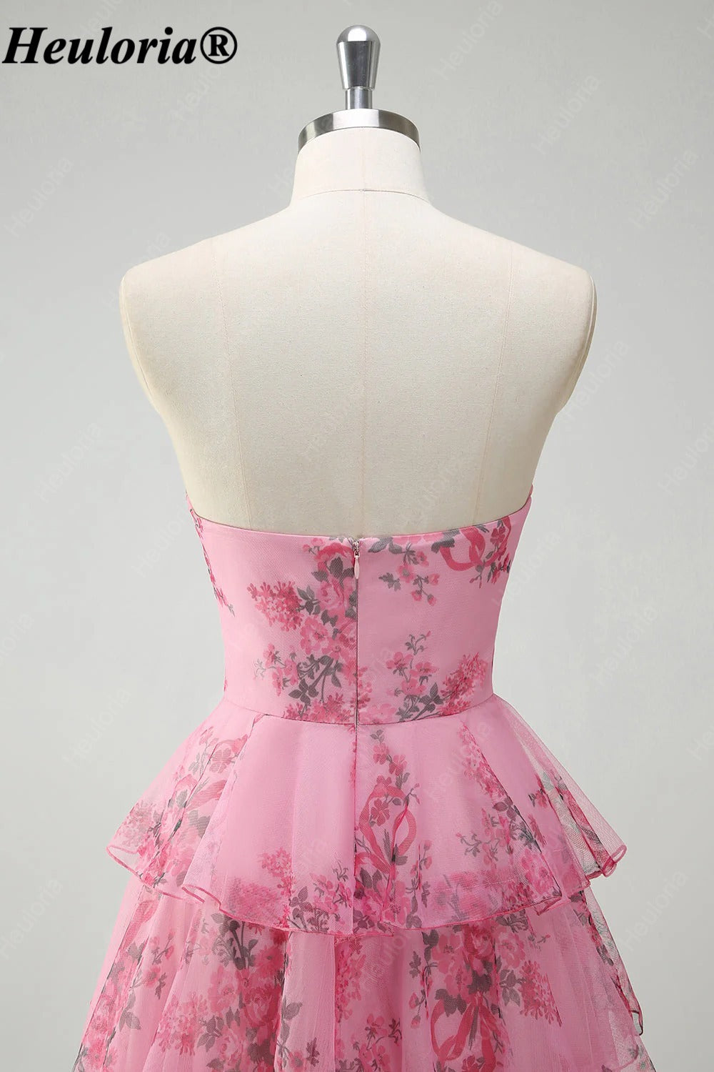HEULORIA Blush Floral Strapless Tiered A-Line Prom Dress with Rosette ED-347