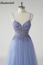 Heuloria Ethereal Beaded Lace Tulle A-Line Prom Dress with Spaghetti Straps and Illusion Bodice ED-503