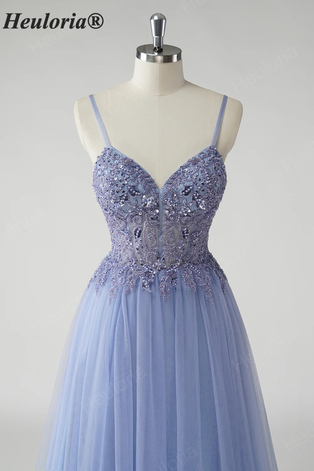Heuloria Ethereal Beaded Lace Tulle A-Line Prom Dress with Spaghetti Straps and Illusion Bodice ED-503