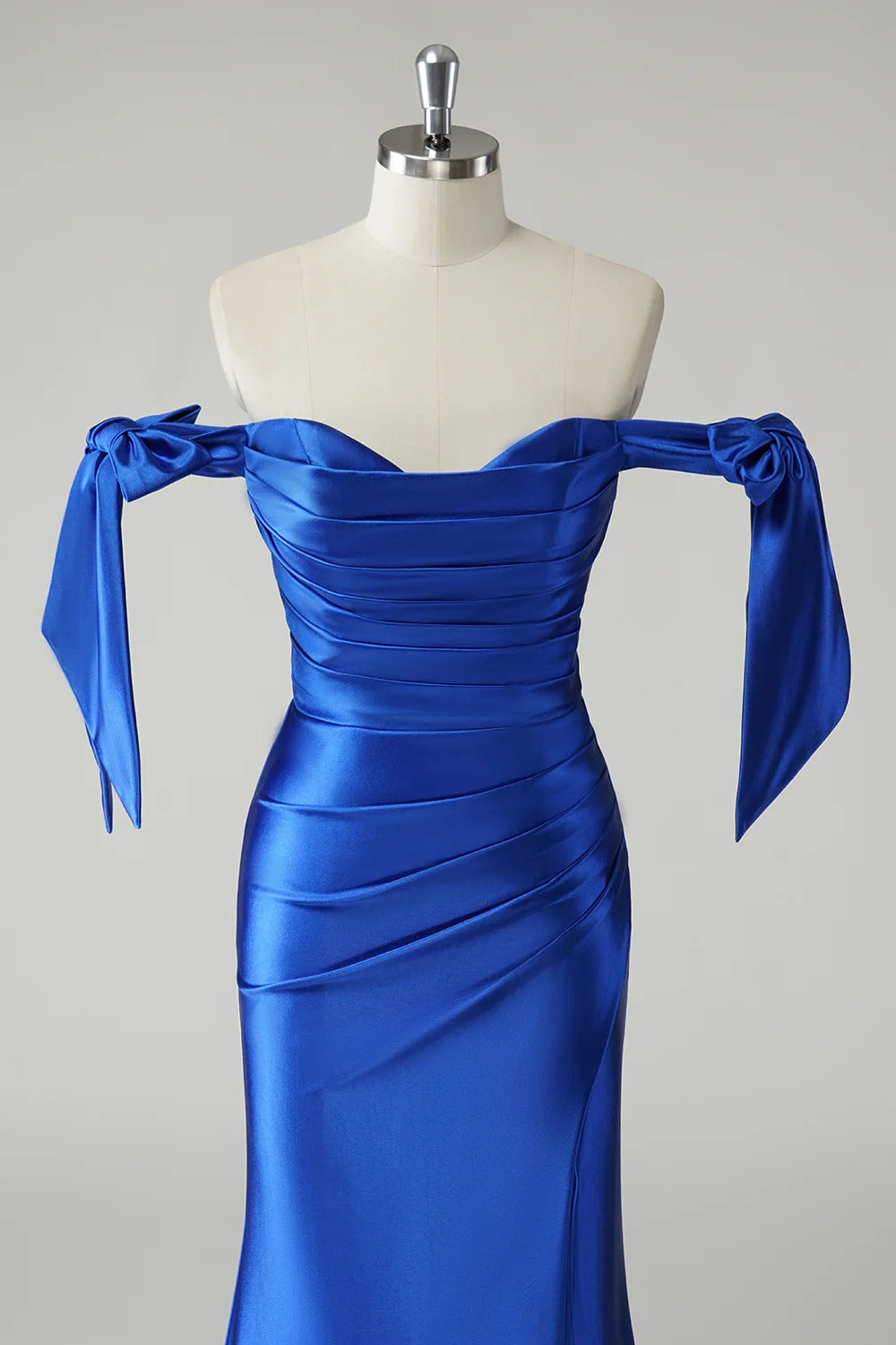 HEULORIA Elegant Royal Blue Off-the-Shoulder Satin Mermaid Evening Dress with High Slit and Bow Knots ED-504