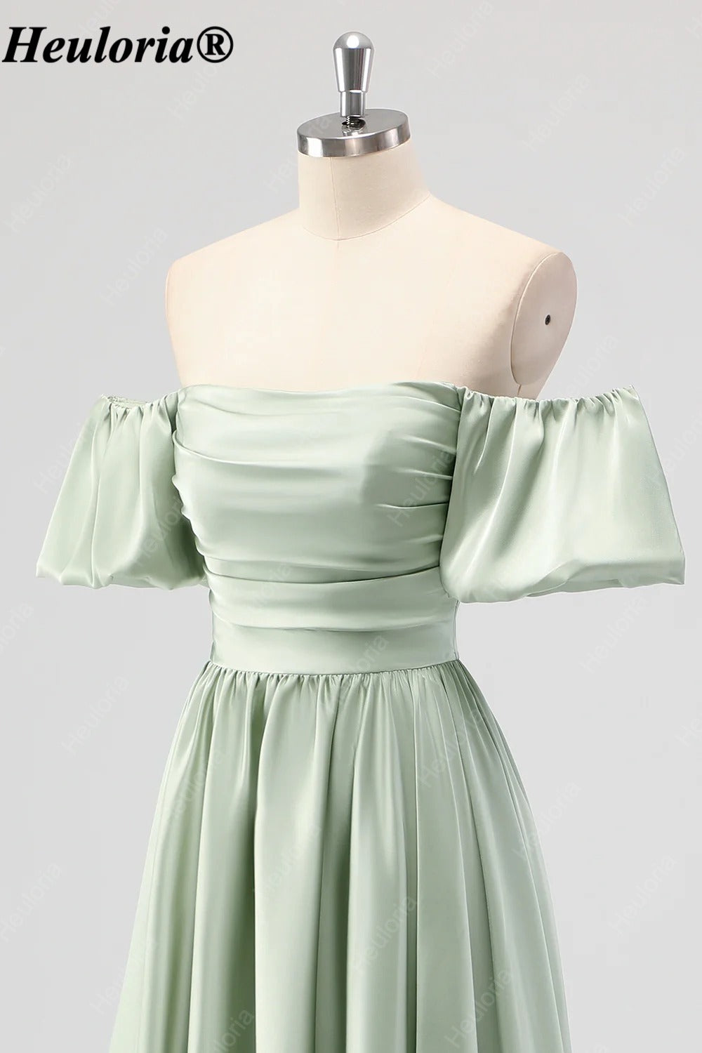 HEULORIA Sage Green Off-Shoulder Satin Tea-Length Bridesmaid Dress ED-541