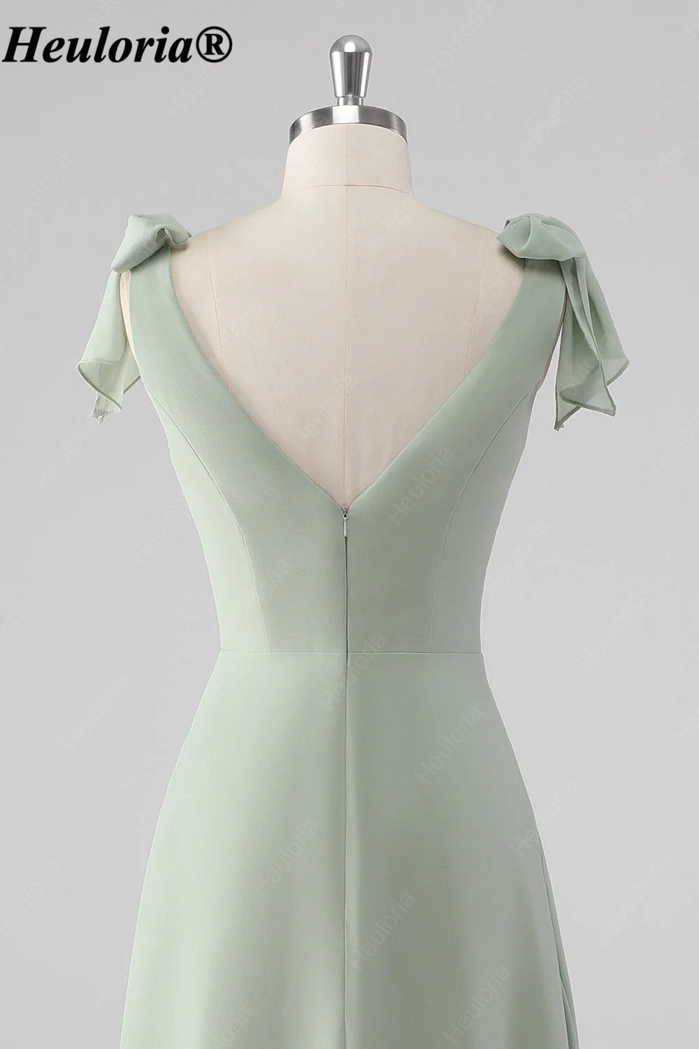 heuloria Sage Green V-Neck Bridesmaid Dress with Bow Shoulders and Slit ed-531